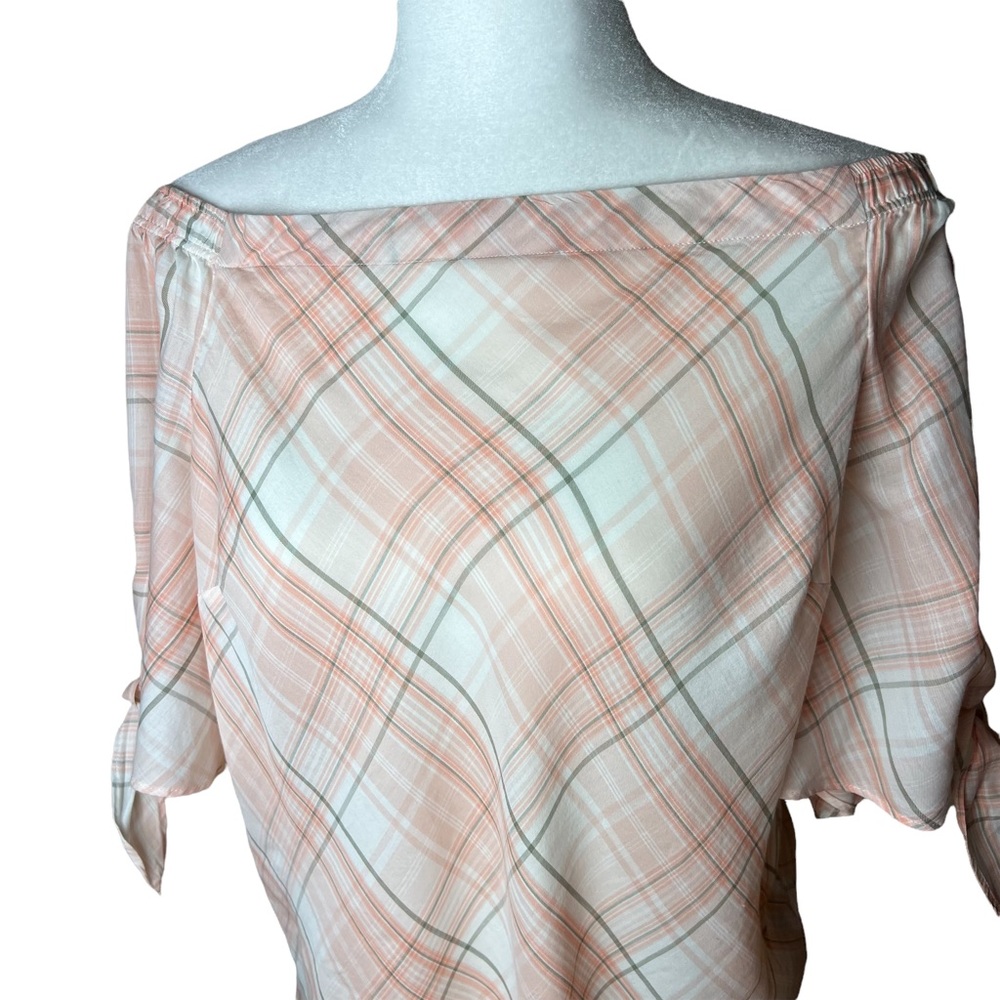 Lauren Ralph Lauren Off Shoulder Pink Plaid Tie Sleeve Top Size Large